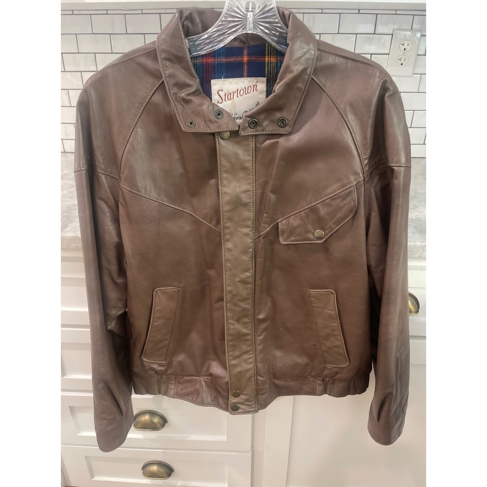 Startown Leather Bomber Jacket Men L Brown Plaid Lined Vintage Londontown Corp